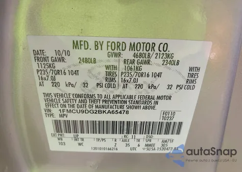 2011 Ford Escape Xlt from USA, damaged, VIN 1FMCU9DG2BKA65478